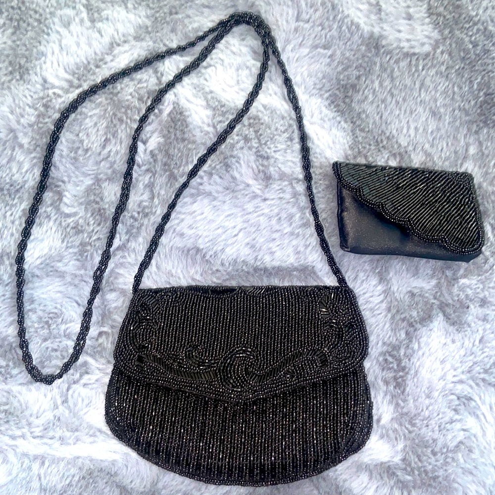 Vintage La Regale Beaded Evening Bag, Black Bead Covered Purse, Retro Bag